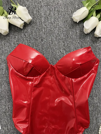 Trägerloser PU-Leder-reizvoller Spielanzug-Frauen-elastischer Taillen-dünner rückenfreier Overall Streetwear-französischer Retro- Strand-Bodysuit Wanita