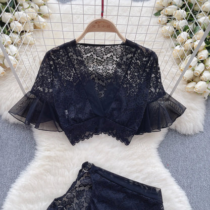 Hollow Out Lace  Nightsuits Ladies V Neck Short Sleeves Top+Sensual Mini Skirt Korean Sheer  Sexy Outfit Wanita