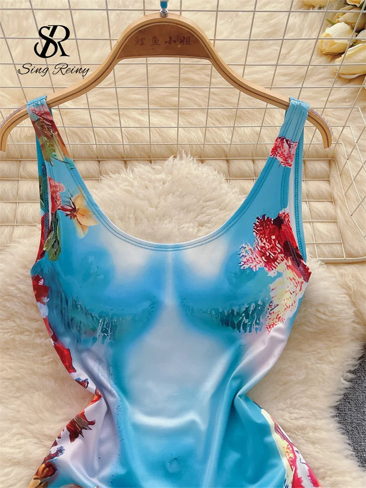 Body Sexy con estampado sin espalda para mujer, Bikini Sensual floral elástico sin mangas con tirantes, monos ajustados con entrepierna abierta Wanita