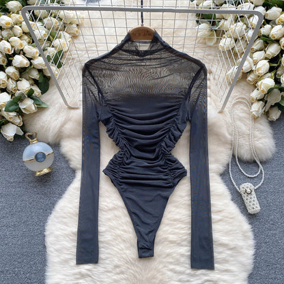 Sheer Ruched Mesh Sexy Bodysuits Half High Collar Long Sleeved Bodycon Streetwear 2023 Women Open Crotch Slim Playsuit Wanita