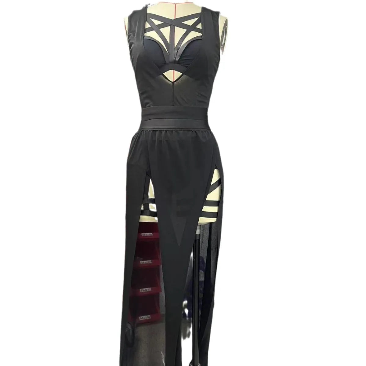 Goth Club Mesh Sexy Sommer Korsetts Rock Set Frauen Ärmellose Schwarze Crop Bh Top Unterhose Schlitz Rock 4 stücke Sets