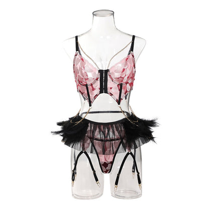 Feather Ruffle  Lingerie Heart-Shaped Bra With Chain Luxury Garter Belt Set Fairy Underwear Front Buckle Outfit