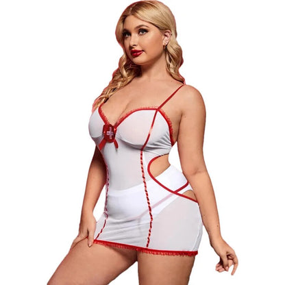 Große Größe Damen Sexy V-Ausschnitt Roleplay Krankenschwester Uniform Plus Size Rückenfrei Cosplay Krankenschwester Dessous Kleid XXL Fliter Kostüm