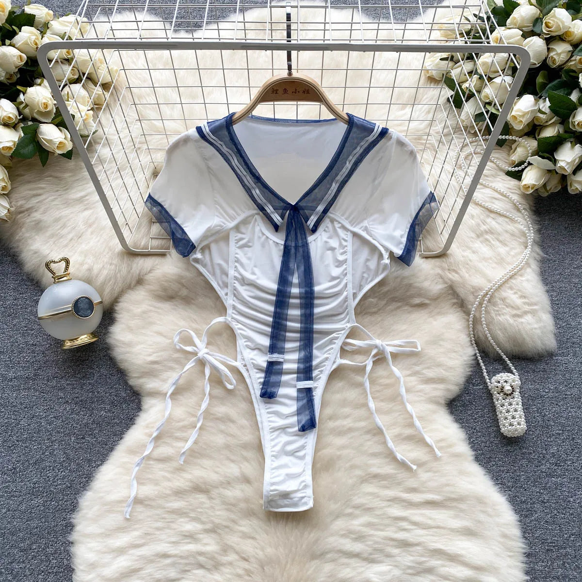 Women Cosplay Sheer Sexy Bodysuits Preppy style Short Sleeves Slim Sensual Nightwear Transparent Playsuits Wanita