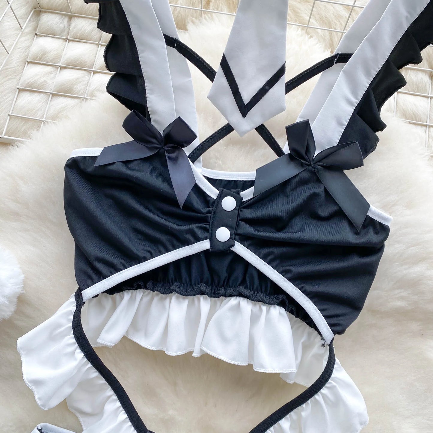 Monos de Cosplay con tirantes y lazo con volantes, ropa de dormir Sensual calada ajustada, monos sexys con entrepierna abierta Wanita