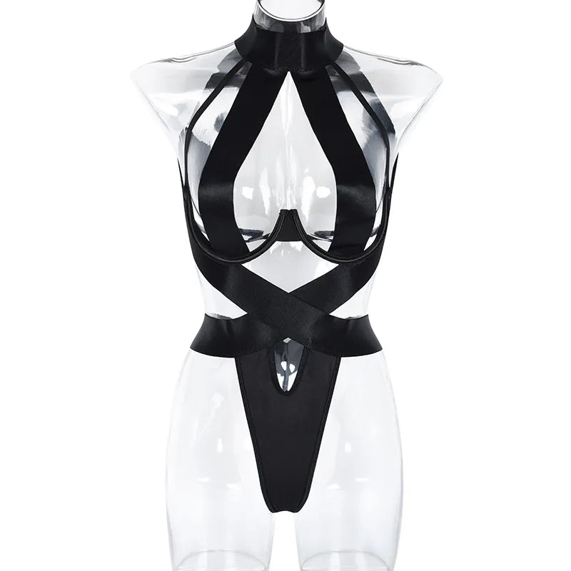 Lencería transparente Halter Body mujeres ahueca hacia fuera disfraces Sexy íntimo negro Body