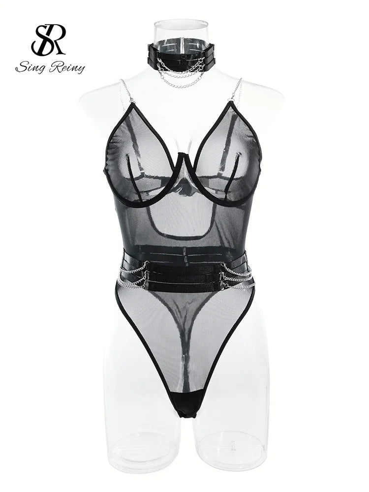 Frauen Mesh Sexy Playsuits 2023 Sommer Strap Aushöhlen Schlanke Nachtwäsche Mode Kette Sheer Sinnliche Bodys Wanita