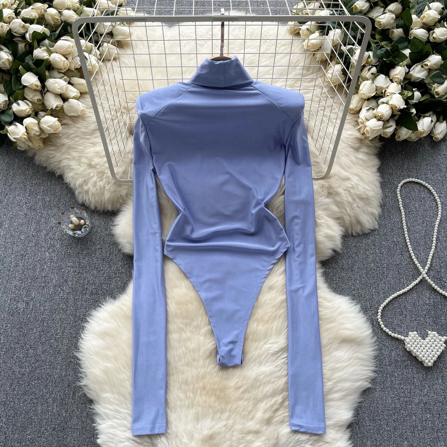 Wanita Fashion Open Crotch Sexy Y2K Bodysuits Half High Collar Long Sleeved Bodycon 2023 Streetwear Sensual Slim Playsuits