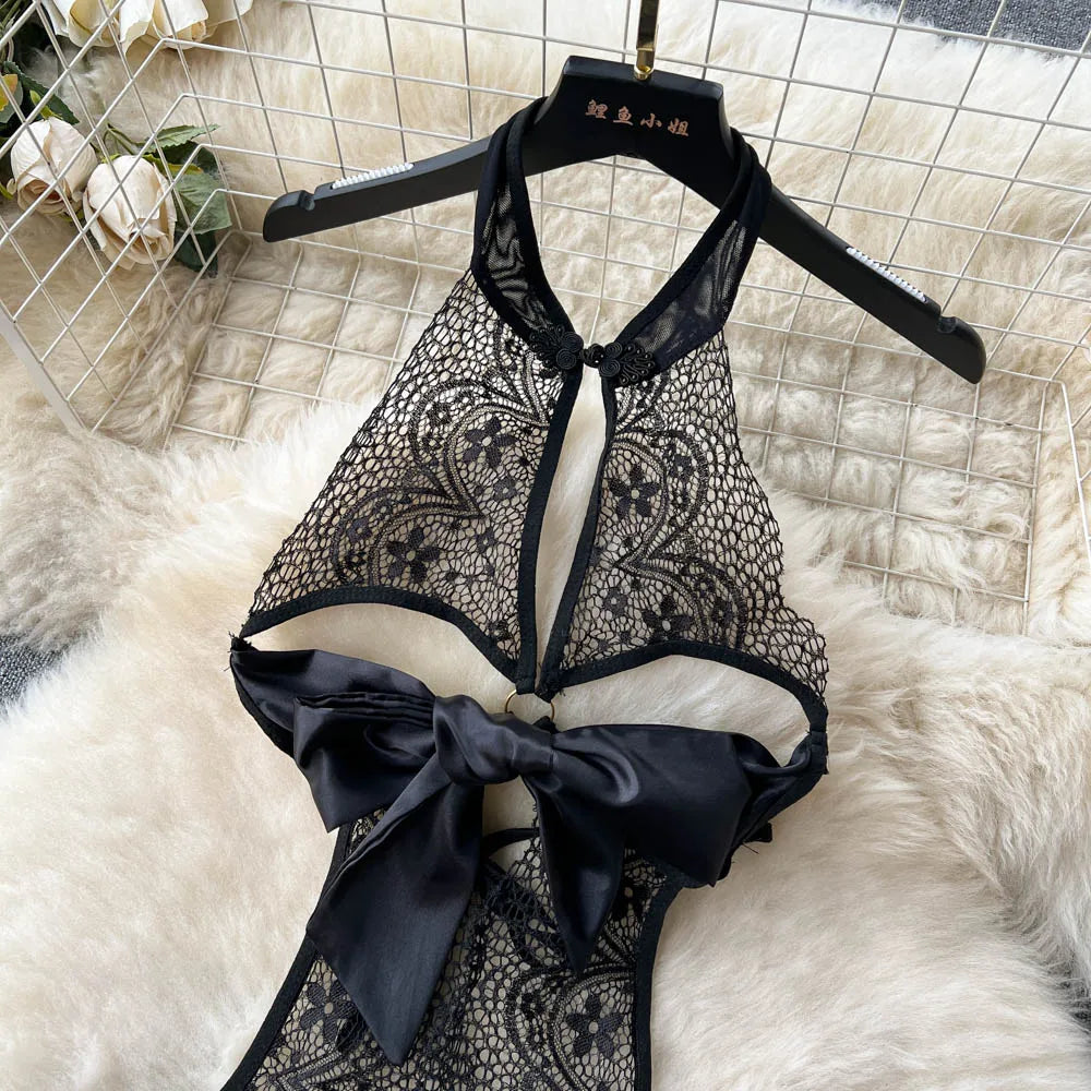 Open Crotch  Underwear Bodysuits Chinese Style Sheer Lace Sensual Nighwear Hollow Out Backless Sexy Playsuits Wanita