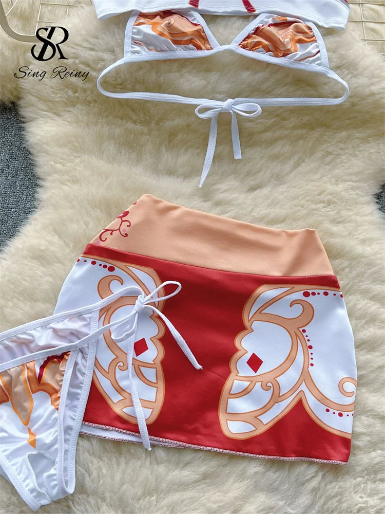 Trajes sexys para Cosplay, Mini Top sin mangas, falda corta ajustada y tangas, Bikini con estampado de vaina, conjuntos dulces de tres piezas Wanita 2023