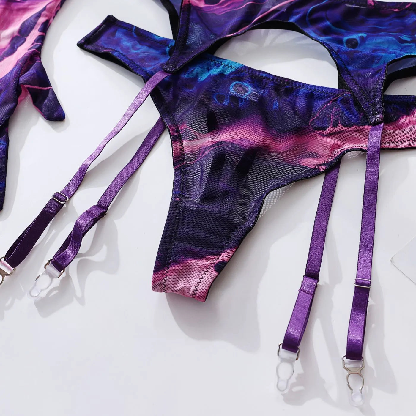 Lencería Tie Dye para mujer, ropa interior de encaje con medias y guantes, novedad en ropa de dormir para mujer, trajes de sujetador transparente