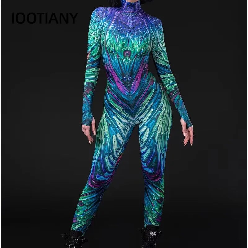 Multicolor Ocean Style Cosplayer Halloween Tight Woman Suits Printed Bodysuit Purim Carnival Festival Cosplay Costume Catsuits