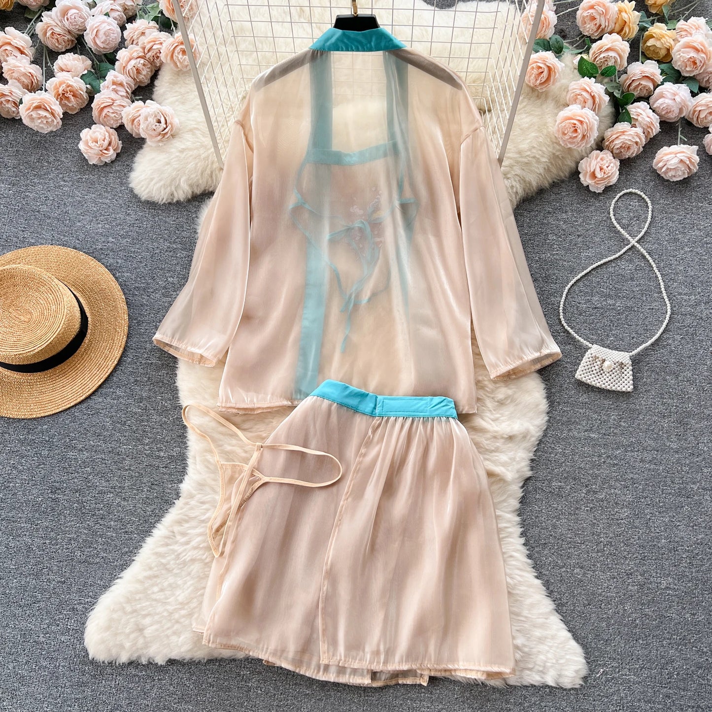 Vintage Stickerei Sexy Nacht Anzüge Weibliche Lose Blumen Camis + Mini Rock + Tangas Chinesischen Stil Cosplay Sheer Nachtwäsche Wanita