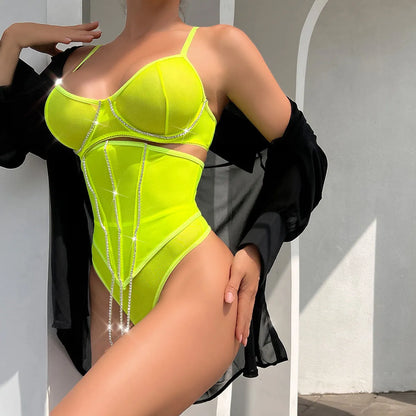 Conjuntos de lencería con diamantes de imitación para mujer, ropa interior de encaje Sexy de lujo, borlas brillantes, sujetador sin costuras, traje fino transparente