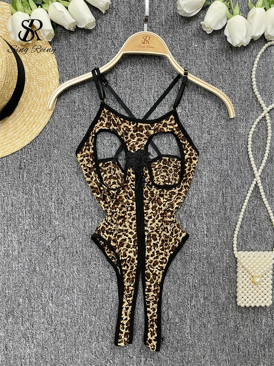 Wanita Leopard Print  Lingerie Bodysuits Strap Backless Slim Underwear Japan Style Hollow Out Open crotch Sexy Playsuit