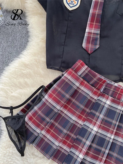 Preppy Style Sheer Sexy Suits Women  Top+Plaid Mini Skirt+Thongs Fashion Korean Cosplay  Three Pieces Sets Wanita