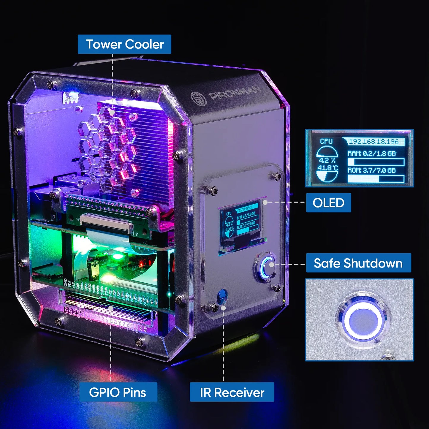 Pironman Mini PC Case para Raspberry Pi - Caja de torre de aleación de aluminio, placa de expansión M.2 SATA SSD para Raspberry Pi 4