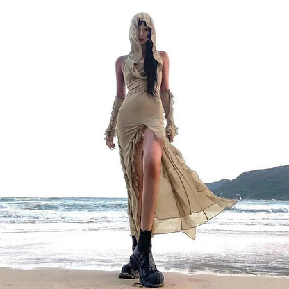 Illya-Sommerkleid im Wasteland-Stil mit Kapuze und geteilten Rüschen, ärmellos, modisches Babes-Kleid