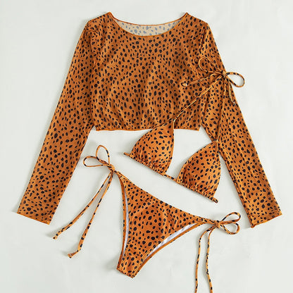 Leoparden-Damen-Badeanzug mit 3 Teilen, Neckholder-Mikro-Bikinioberteil, separat bedruckter Badeanzug, brasilianische Strandmode mit niedriger Taille