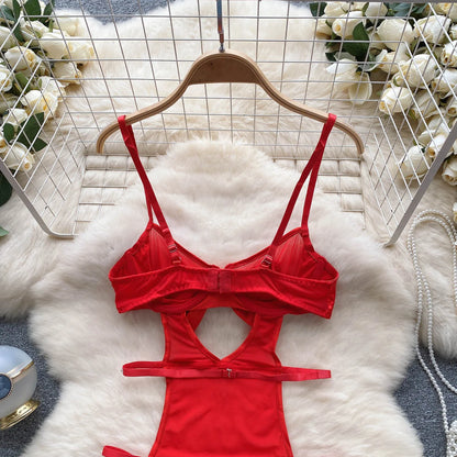 Transparent Mesh   Bodysuits Strap Splice Beading Hollow Out Bow 2023 Christmas Apparel Sheer Sexy Playsuits Wanita