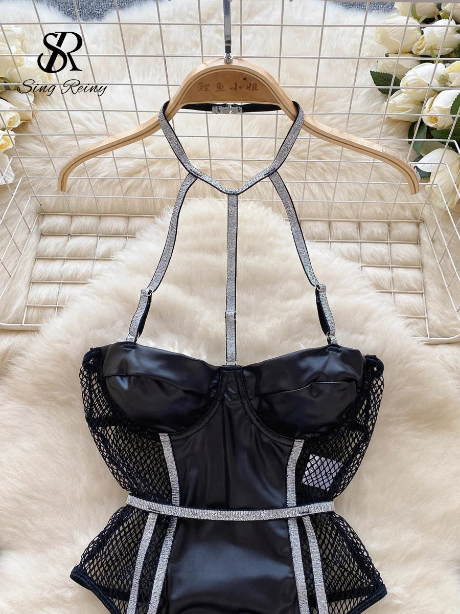 PU Leather Sexy Bodysuits Halter Splice Mesh Open Crotch Backless Garter Playsuits 2023 Women Hollow Out Slim Romper Wanita