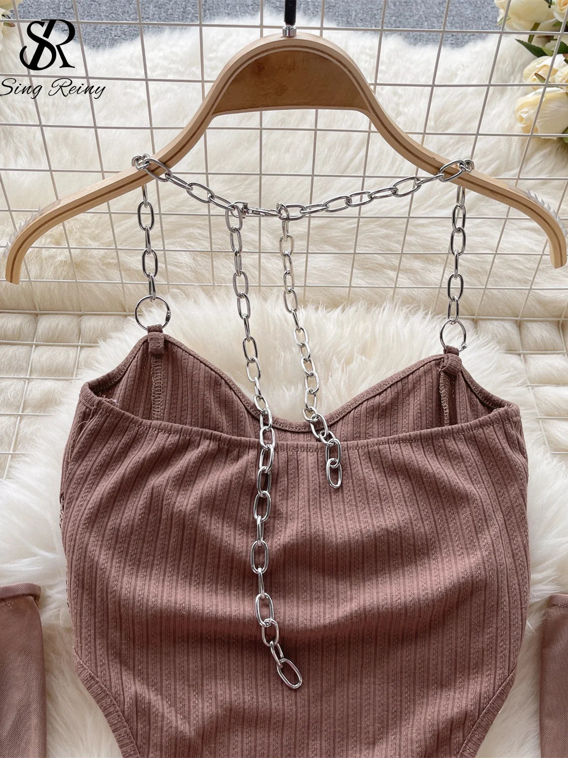 Body Sexy con cuello Halter para mujer, monos con espalda descubierta y cadena con diseño de manga calada, Top Sensual ajustado de tendencia Y2K, monos Wanita 2023