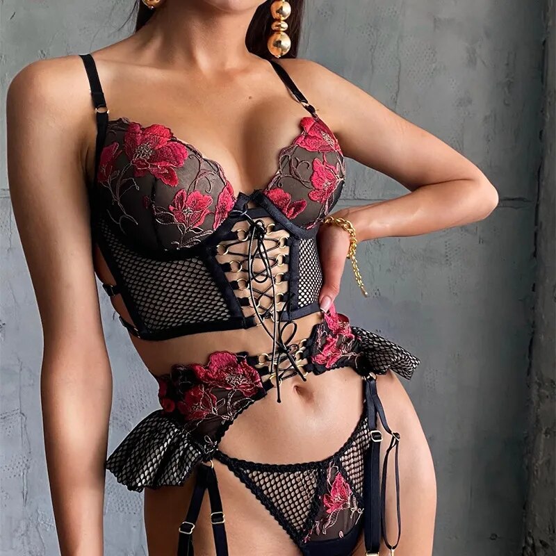 Lencería Sexy Sujetador transparente Ropa interior para sexo Ligas con volantes Tangas de fantasía 3 piezas Fancy Intimate