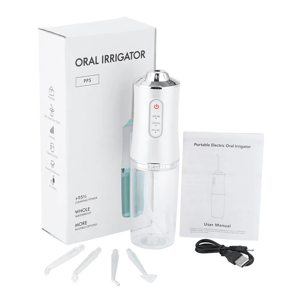 Irrigador bucal portátil, hilo Dental de agua, recargable por USB, irrigador Dental con chorro de dientes, 4 puntas de chorro, 220ml, 3 modos IPX7, 1400rpm