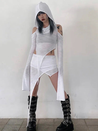 Hooded Soild Sexy Hollow Out Two Piece Sets Womens Outfits Short Skirt Asymmetries Clothes Silm Streetwear Strapless Sleeves Top