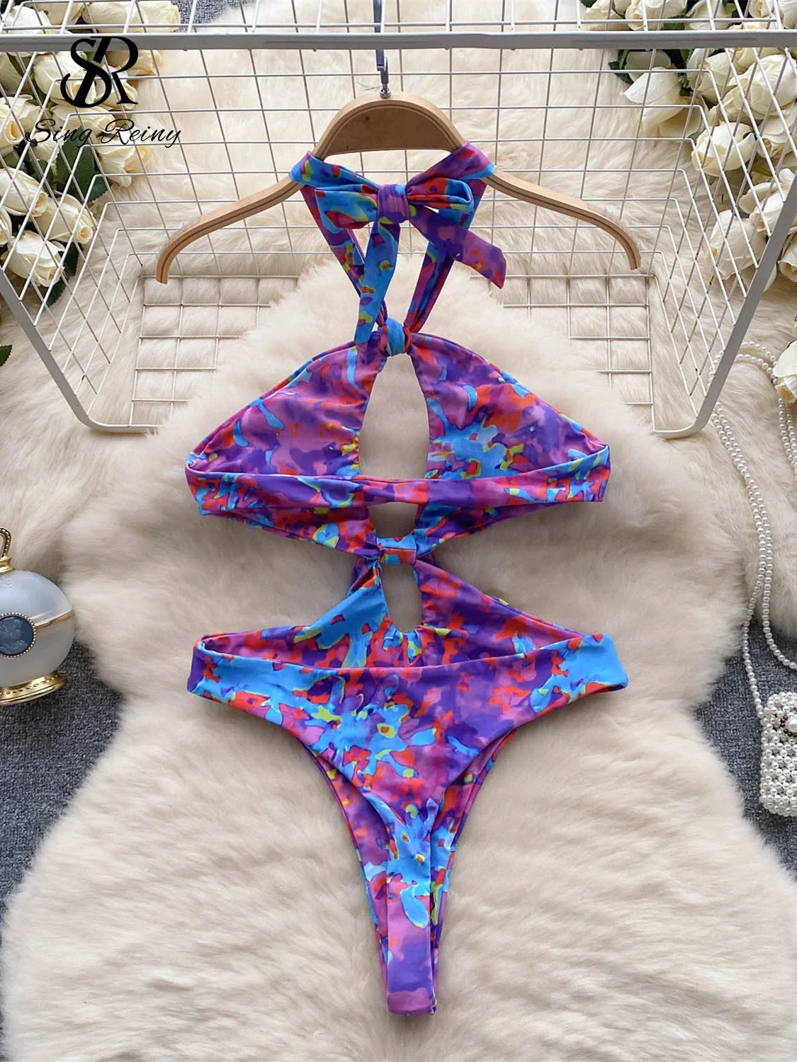 2023 Fashion Print Sexy Bodysuits Ladies Halter Kink Backless Design Slim Playsuit Women Hollow Out Swimsuits Wanita