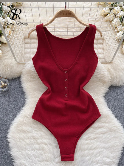 Solid Button Slim Bodysuits 2023 V Neck Sleeveless Open Crotch Sensual Top Ladies Fashion Bodycon Sexy Bodysuits Wanita