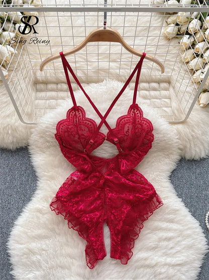 Floral Lace Sheer Sexy Bodysuits Ladies Strap Ruffles Sweet Slim  Nightwear 2023 Mesh Open Crotch  Playsuits Wanita