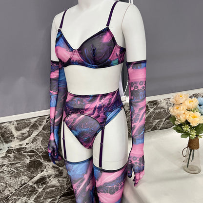 Tie Dye Lingerie With Stocking Sleeve Sexy Fancy Underwear 5-Piece Uncensored Intimate See Through Mesh Sensual Outfits