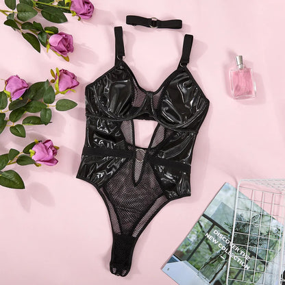 Latex Bodysuit WIth Collar Mesh Patchwork See Through Lingerie Body Silicone Leather Open Crotch Top Black Naked Teddy