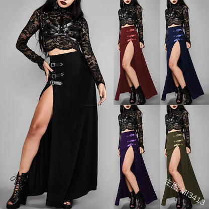 Mandylandy Women Medieval Cosplay Skirts Female Court-Style Sexy Gothic Punk High Split Belt Patchwork Long Skirts