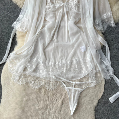 Damen Sexy Spitzen-Nachtwäsche-Anzüge, transparentes kurzes Kleid + Mesh-Cardigans + Tangas, 2023, durchsichtige Nachthemd-Sets, Wanita