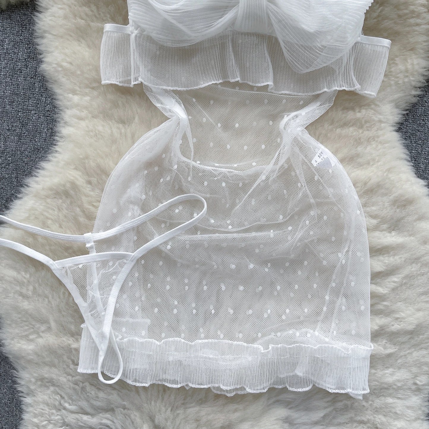 Ropa interior transparente de malla para mujer, minivestido + tangas con lazo y tirantes, camisón de encaje con volantes, 2023 Wanita