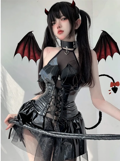 Disfraces de Navidad sin mangas de bruja oscura, vestido de juego de demonio, uniforme de lencería Sexy, disfraces de Halloween para mujer