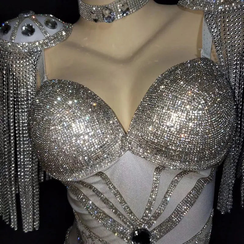 Sexy mujer brillante traje con borlas mujeres celebrar nuevos cristales Epaulet flecos disfraz de leotardo etapa fiesta cantante Ropa de baile