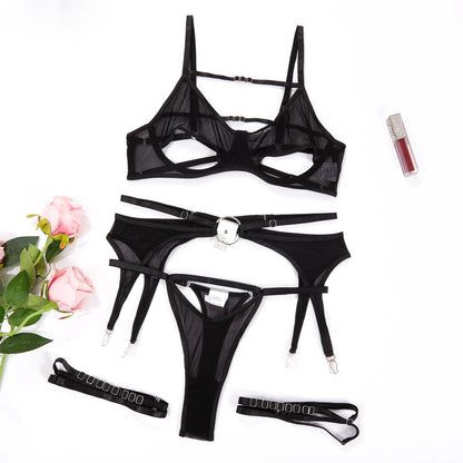 Open Bra Sensual Lingerie Sexy Transparent Bilizna Set Garters  Sets Black Sissy Intimate 3-Piece