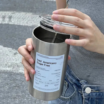 Ins Coffee Cup Thermoses Stainless Steel Water Bottle Straw Cup Ice American Coffee Mug Double-layer Vacuum Flask Couple Cup