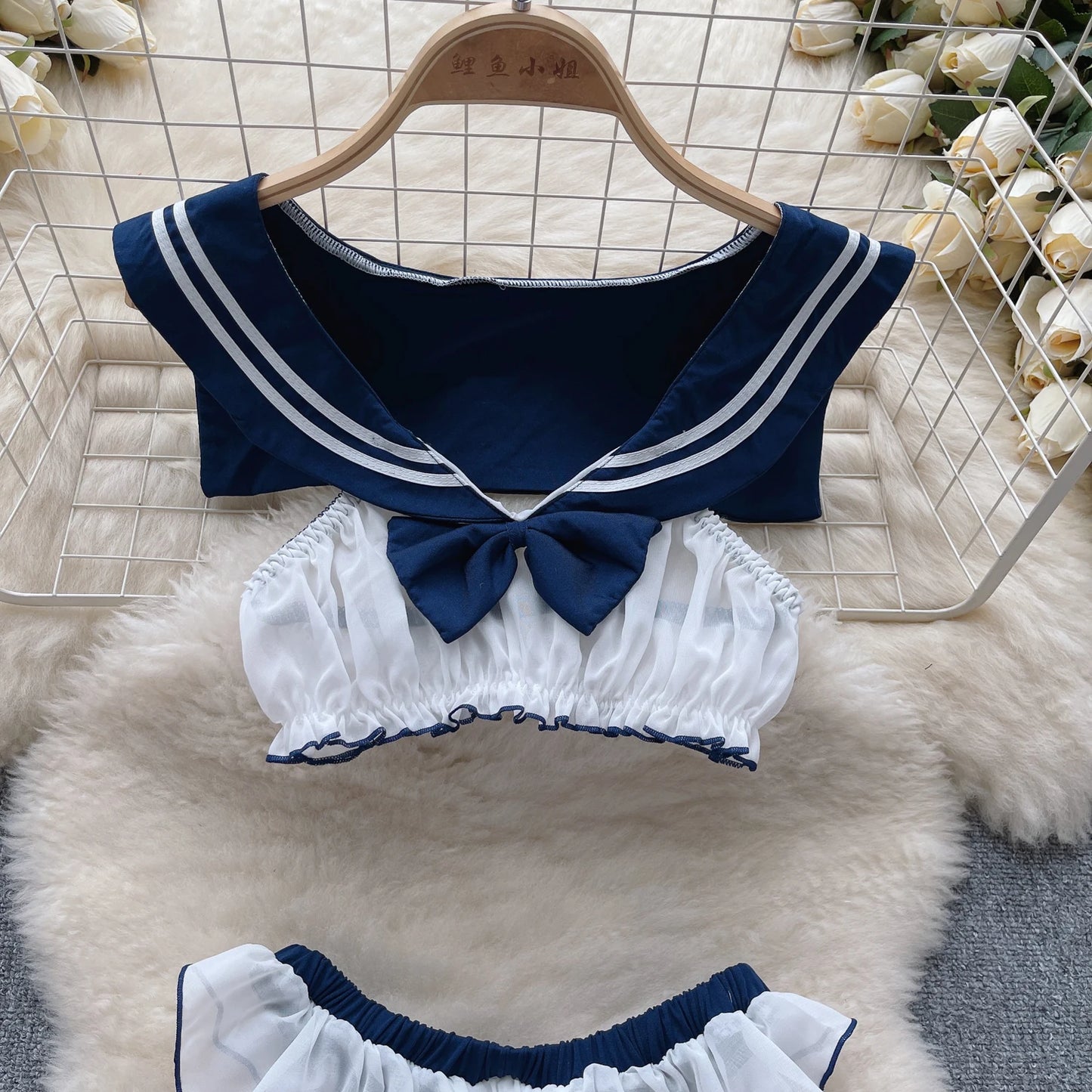 2023 Preppy Style Sweet Sexy Outfit Sailor Collar Sleeveless Short Top+Sheer Skirt Open Crotch   Night Suits Wanita