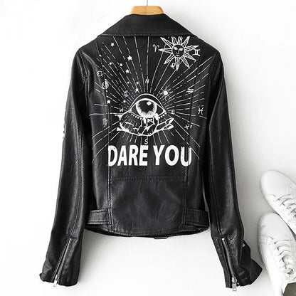 Fitaylor Herbst Winter Frauen Graffiti Print Faux Leder Jacke Dame Moto Bike PU Leder Mantel Lässige Nieten Jacke mit Gürtel