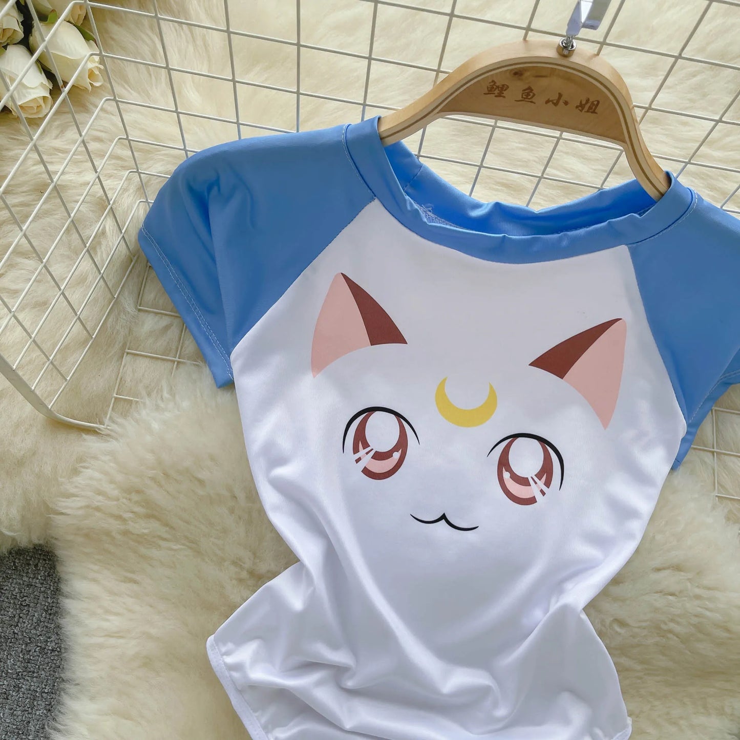 Summer Women Sweet Slim Bodysuits O Neck Short Sleeves Cat Print T Shirt Ladies Open Crotch Elastic Sexy Playsuits Wanita