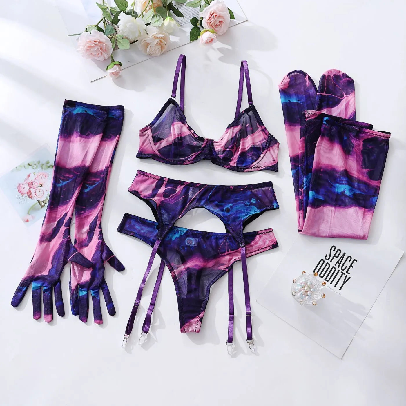 Tie Dye Lingerie for Ladies Lace Underwear With Stockings And Gloves New in Women's Sleepwear Transparent Bra Outfits