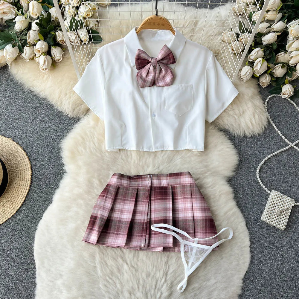 Cosplay   Outfit Women Lapel Neck Short Shirt+Plaid Mini Skirt+Thongs  2023 Preppy Style Sexy Nightwear Wanita