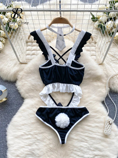 Cosplay  Playsuits Strap Ruffles Bow Hotsweet Slim Hollow Out Sensual Nightwear Open Crotch Sexy Bodysuits Wanita