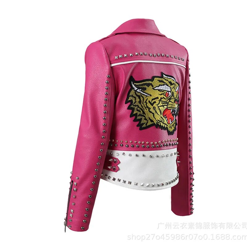 Spring and Autumn Pink Leather Jackets for Women ,Tiger Embroidered Faux Leather Moto PU Jacket and Coat With Rivets