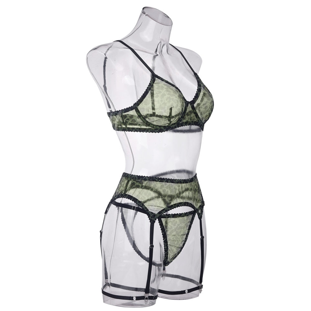 Neon-Leoparden-Dessous, 5-teilige Spitzenunterwäsche, nahtlos, sexy, sinnlich, transparent, Strumpfhalter-Sets