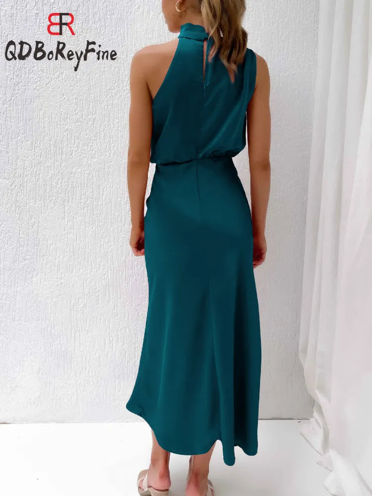 Satin Silk Women Dresses Sexy Evening Party Sleeveless Off Shoulder Bodycon Elegant Maxi Dresses for Women 2023 Summer Wedding